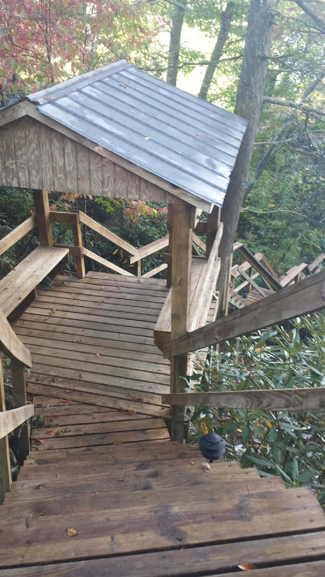 Metal roofed shelter over wooden steps on a wooded walkway — Skylight Repair & Installation work by our crew in Hartleton